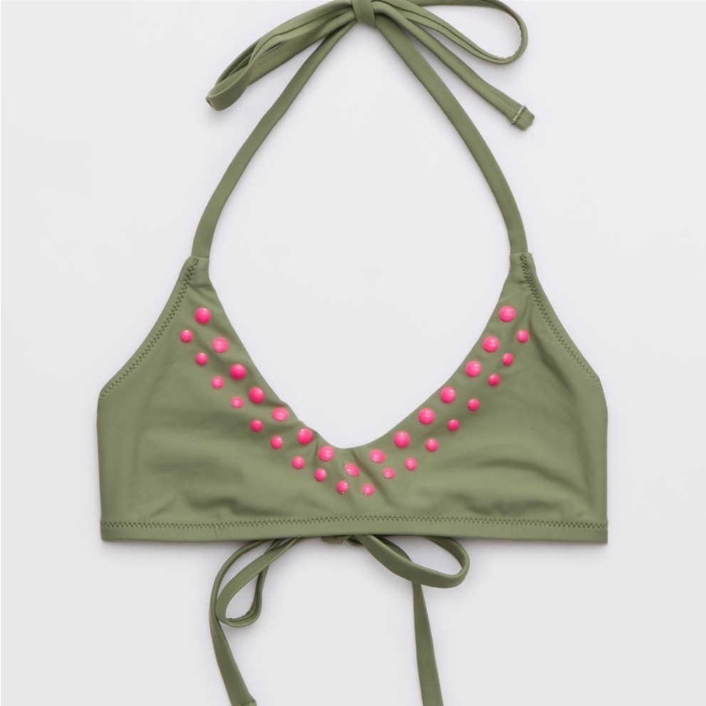 Aerie Halter Voop Bikini Top Olive Green Pink Studs NWT